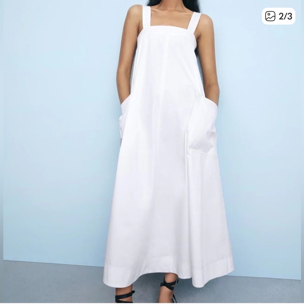 Zara White Topstitched Midi Dress - Picture 3 of 4